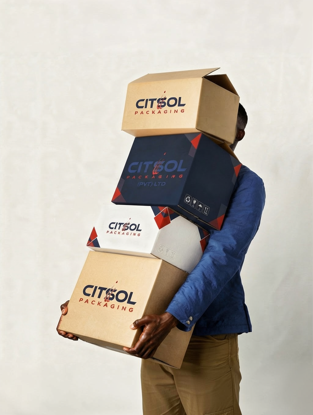 A person carrying a stack of CitSol Packaging boxes
