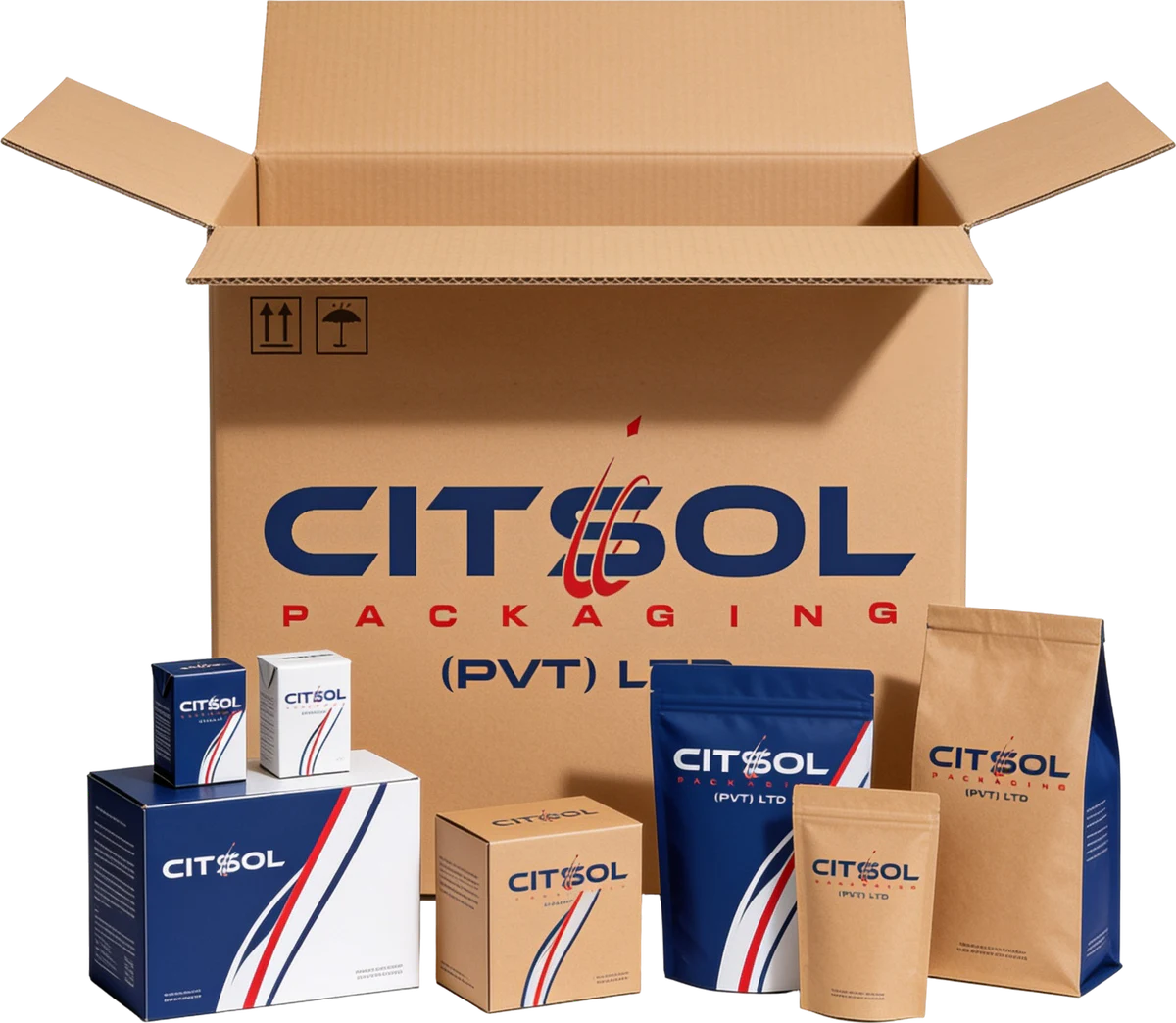 CitSol repackaging formats arranged around an open branded carton